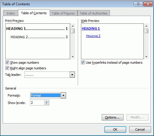 Opsi daftar isi otomatis