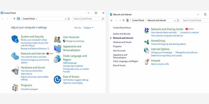 Pilih menu Jaringan dan Internet > Jaringan dan Pusat Berbagi
