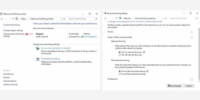 Turn on network discovery dan Turn on file and printer sharing