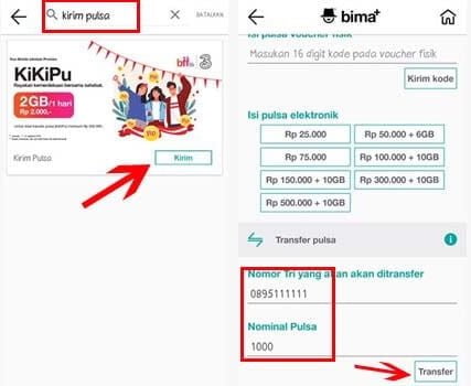 Cara Kirim Pulsa Tri di Aplikasi Bima+